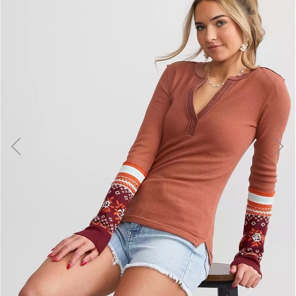 NWT We The Free by Free People Mikah Notch neck top, size XS autumn combo - Picture 2 of 11